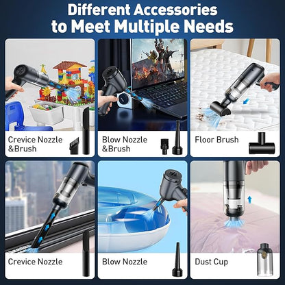 Mini Vacuum Cleaner, 120W High Power Handheld Car Vacuum Cleaner, 2 in 1 Air Duster and Hand Held Vacuum Portable Cordless, Rechargeable Small Vacuum for Car, Home, Office, Pet（Black）