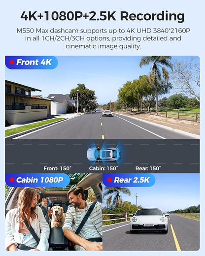 AZDOME M550 Max 4K 3 Channel Dash Cam, Dual STARVIS Sensors, 4K+2.5K+1080P Front and Rear Inside Triple Car Camera, Built-in WiFi GPS, 64GB Card Included, IR Night Vision, WDR, 24H Parking Mode