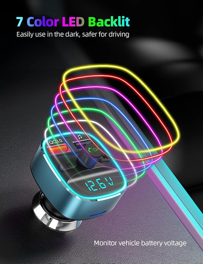 Nulaxy Bluetooth FM Transmitter, Bluetooth Car Adapter with Dual USB Charging Car Charger, MP3 Player Support, TF Card & USB Disk, Hands-Free Calling, 7 Colors LED Backlit Light-Blue