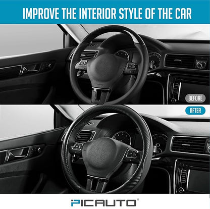 PIC AUTO Steering Wheel Cover, Black Piping Leather, Sports Carbon Fiber and Super Breathable Leather, Universal 14.5-15.5 Inch Anti-Slip Steering Wheels Accessories for Men & Women
