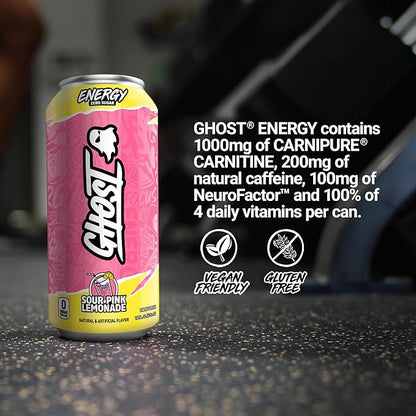 GHOST Energy Drink - 12-Pack, Sour Pink Lemonade, 16oz Cans - Energy & Focus & No Artificial Colors - 200mg of Natural Caffeine, L-Carnitine & Taurine - Gluten-Free & Vegan