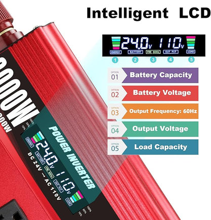 3000W Power Inverter 24V to 110V/120V DC to AC with LCD Display, Remote Controller 4 x AC Outlets and 4 x 3.1A USB Car Adapter for Car Truck Boat RV Solar System