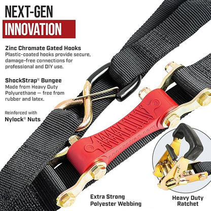 Ratchet Strap, 10' x 1" Shock Absorbing Heavy Duty Tie Downs for Cargo, 500 LB WLL / 1,500 LB Break Strength, 4-Pack