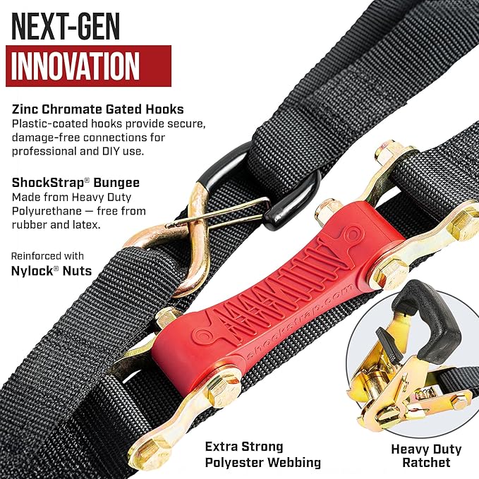 Ratchet Strap, 7’ x 1.5" Shock Absorbing Heavy Duty Tie downs for Cargo, 1,000 LB WLL / 3,000 LB Break Strength, 4-Pack
