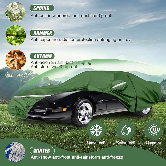BOSSTONE Car Cover Custom Fit for Corvette C4 1984–1996, Waterproof All Weather for Automobiles Full Exterior Cover Rain Sun Snow Protector with Door Zipper (Green)