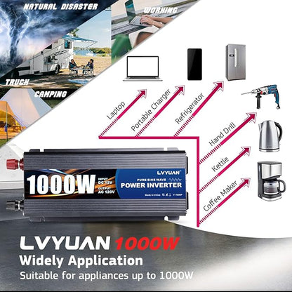 LVYUAN 1000 Watt Pure Sine Wave Power Inverter 12V to 110V/120V DC to AC Converter with Dual Sockets, Dual USB Ports, LED Display for Home Outdoor RV Car Power Inverter Power Adapter