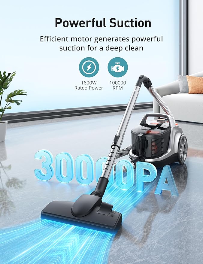 Aspiron Canister Vacuum, Upgraded 1600W Bagless Canister Vacuum Cleaner, Auto Cord Rewind, H13 HEPA Filter, 3.7Qt Large Capacity, 5 Tools for Hard Floors, Carpet, Pet, Upholstery, Tiles, Car, Orange