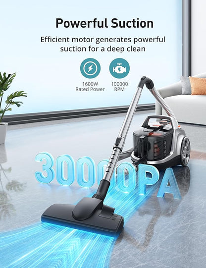 Aspiron Canister Vacuum, Upgraded 1600W Bagless Canister Vacuum Cleaner, Auto Cord Rewind, H13 HEPA Filter, 3.7Qt Large Capacity, 5 Tools for Hard Floors, Carpet, Pet, Upholstery, Tiles, Car, Orange