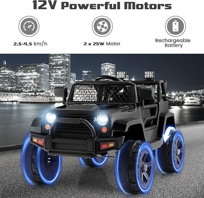 OLAKIDS Kids Ride On Truck, 12V Electric Vehicle Jeep Car with Remote Control, Toddlers Battery Powered Toy with 2 Speeds, Spring Suspension, Double Open Doors, LED Lights, Music, TF, USB, Mp3 (Black)