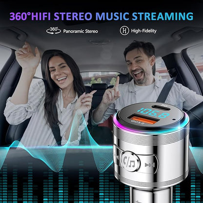 Bluetooth Transmitter for Car, LENCENT Full Metal Bluetooth 5.3 Car Adapter Dual USB Fast Charging 48W(PD 30W & QC3.0 18W), Wireless FM Radio Transmitter with Hi-Fi Music, Hands-Free Calling