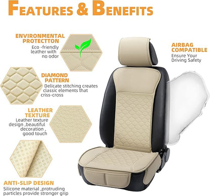 Elantrip Auto Car Seat Covers Leather Car Seat Protector for Women Airbag Compatible Diamond Pattern PU Seat Cover Universal Fitness 2PCs Beige