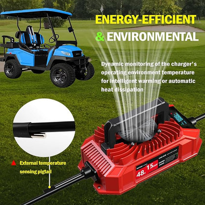 Golf Cart Charger 48 Volt Club Car with LED Visual Charging Display, IP67 15A Golf Cart Battery Charger for Club Car Precedent & DS Lead Acid Battery, 3-Pin Round Plug Cable, Club Car Accessories, Red
