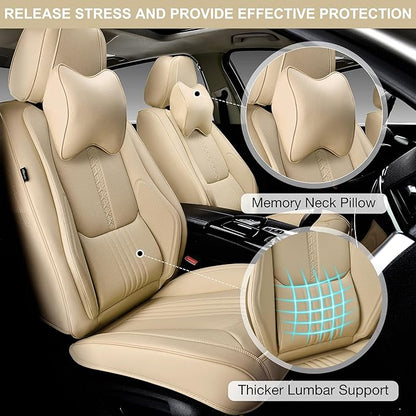Car Seat Covers Full Set, Front and Rear Seat Covers for Cars, Waterproof Leather Auto Seat Protectors with Head Pillow, Car Seat Cushions Fit for Most Sedans SUV Pick-up Truck, Beige