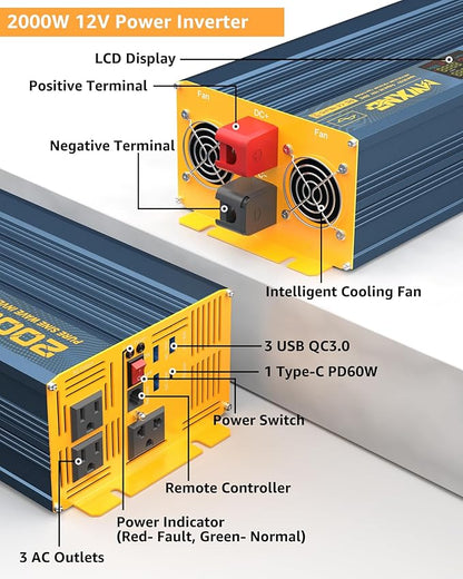 2000W Pure Sine Wave Power Inverter DC 12V to 110V 120V AC with 4 Quick Charging USB Ports& 3 AC Outlets Power Inverters for Vehicles RV Truck Home with LCD Display and Remote Controller