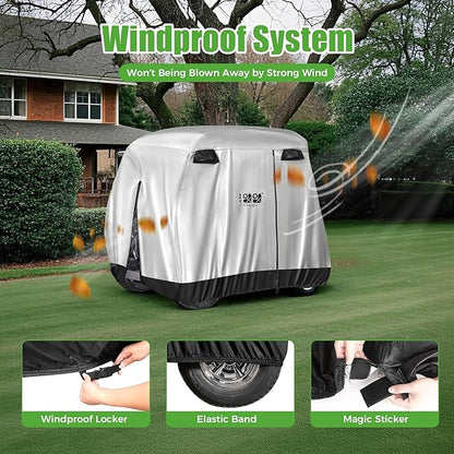 10L0L 4 Passenger Golf Cart Cover for Yamaha EZGO Club Car, 400D Polyester All-Weather Waterproof Golf Cart Storage Cover with Three Zipper Doors-Silver