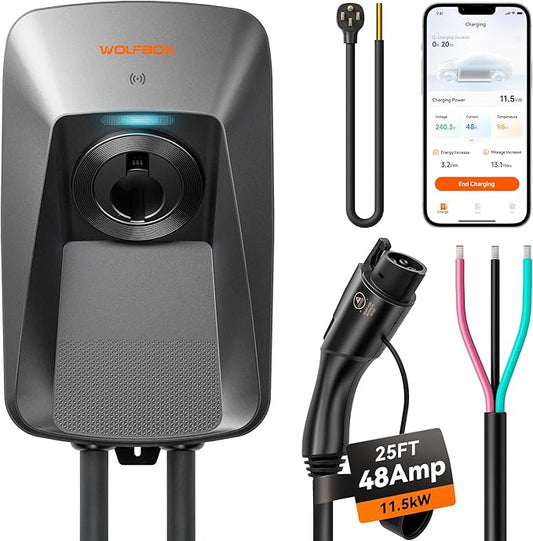 WOLFBOX Level 2 ev Charger 48 Amp J1772,Hardwired ev Charger Level 2 with NEMA 14-50 Plug 25ft Cable,Smart APP&RFID Card Control,240V Electric Vehicle Charging Station for Electric Automobile(WE48)