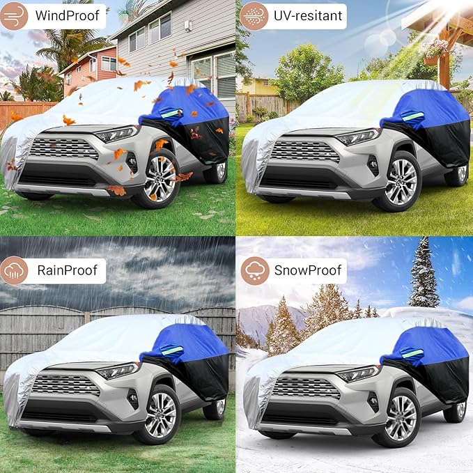 Car Cover for SUV Waterproof All Weather Snowproof UV Windproof Outdoor Full Car Jacket with Elastic Edges Adjustable Straps, Outdoor Heavy Duty Full Exterior Covers for SUV