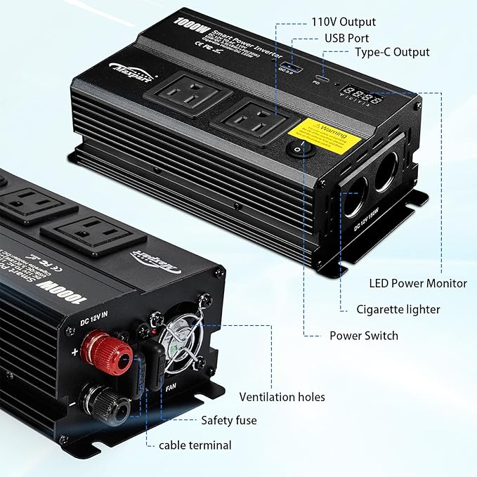 1000W Inverter for Car Power Inverters,12v DC to 110v AC Converter with 3.0 A USB Type-C Outlets, 12 Volt Inverter Car Cigarette Lighter Battery Inverter for Vehicles, Power Inversor 1000 Watts Black