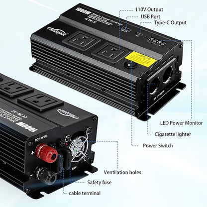 1000W Inverter for Car Power Inverters,12v DC to 110v AC Converter with 3.0 A USB Type-C Outlets, 12 Volt Inverter Car Cigarette Lighter Battery Inverter for Vehicles, Power Inversor 1000 Watts Black