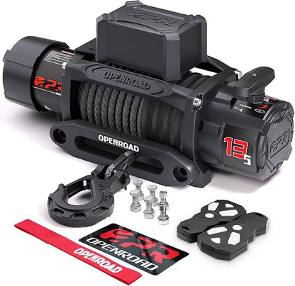 OPENROAD 13500 lb Recovery Winch with Synthetic Rope and 2 Wireless Remotes - IP68 Waterproof 12V Electric Winch for Jeep, SUV, Truck & Trailer - Panther Series 3S