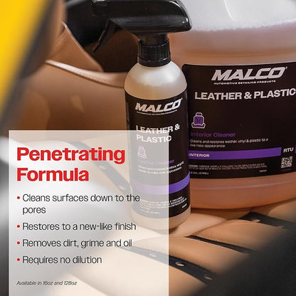 Malco Leather & Plastic Cleaner – Penetrates Deep to Remove Dirt, Grime and Oily Soils/Restores Leather, Plastic and Vinyl/Leaves Surfaces Clean, Shiny and Film-Free / 16 Oz. (100116)