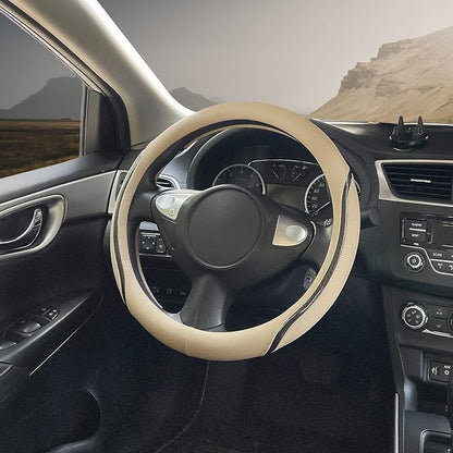 Car Steering Wheel Cover Beige, 14.5-15 inch Steering Wheel Covers with Coasters Microfiber Leather Carbon Fiber Breathable Anti-Slip Durable Universal Auto Steering Wheel Protective