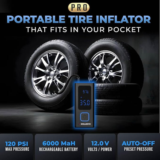 POCKET AIR PRO Tire Inflator Portable Air Compressor by Bullseye Pro for Tires, Balls, Bike with Persta Valve, Auto Shut Off, Inflates in 2 Min, Cordless Rechargeable 6000MAH,150 PSI, SoS Light