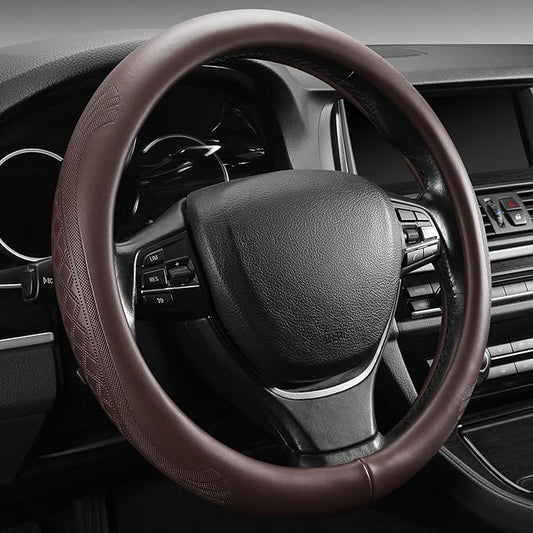 【2025 Model】 High-Grade Real Cowhide Steering Wheel Cover for Men Women，Brown Genuine Leather Steering Wheel Cover for Cars,Universal 14.5-15 inch Steering Wheels,Grid & Square Motif