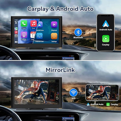 7” Wireless Carplay &Android Auto IPS Touch Screen, Portable Car Stereo with 4K Front Dash Cam + 1080p Backup Camera, Bluetooth/GPS Navigation/Mirror Link/Voice Control/Loop Recording with 64GB TFCard