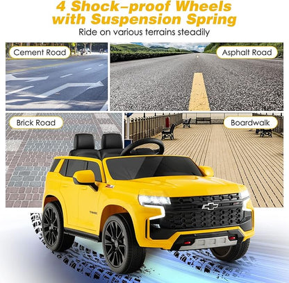 HONEY JOY Ride On Truck, 12V Licensed Chevrolet Tahoe, Chevy Electric Vehicle for Kids, Soft Start, Music, Lights, Battery Powered Ride On Car Toy with Remote Control, Gift for Boys Girls (Yellow)