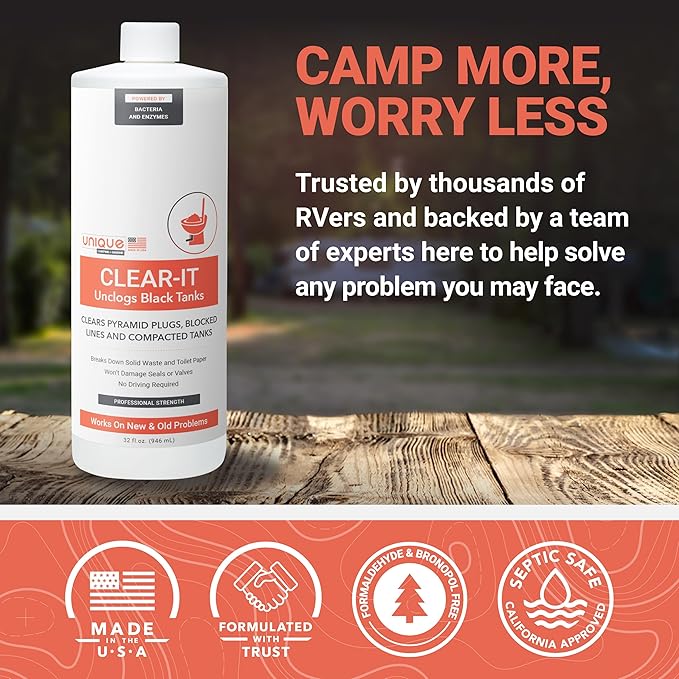 Unique Clear-It RV Black Tank Unclogger Liquid - Breaks Through Pyramid Plugs, Compacted Tanks, and Clogged Pipes 32 oz (2-Pack)