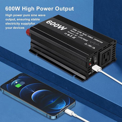 Power Inverter 600W Pure Sine Power Inverter DC 12V to AC 110V Car Converter, Car Cigarette Adapter Converter, Aluminum Alloy Car Power Inverter with 2 USB Ports