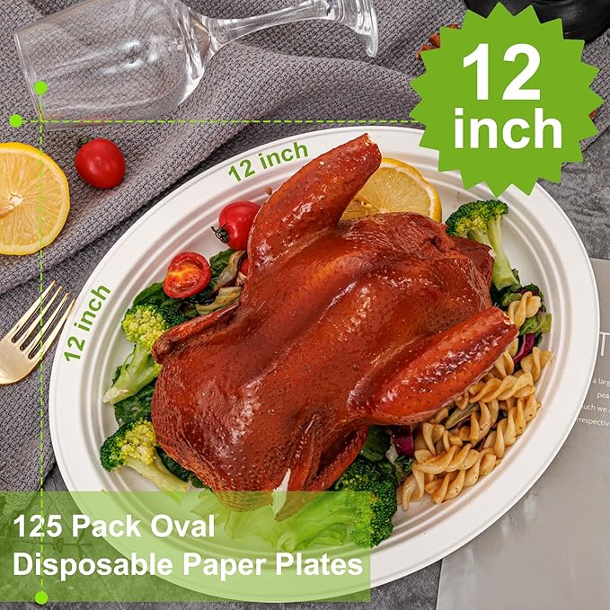 WELLIFE 100% Compostable Oval Paper Plates 12 Inch, 125-Pack Heavy Duty Paper Plates Bulk,Biodegradable Bagasse,Eco-Friendly Disposable Dinner Plate for BBQ,Picnic,Party (BPI Certified,Microwaveable)