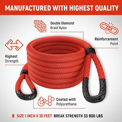 MiolleGear Kinetic Recovery Rope 1" x30' - Heavy Duty Offroad Snatch Strap - Includes 2 Soft Shackle for UTV, ATV, Truck, Car, Jeep, Tractor - Ultimate Recovery Gear