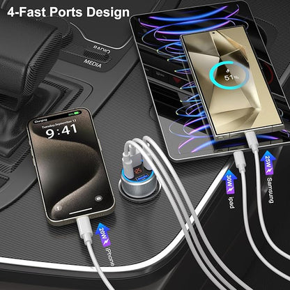 USB C Car Charger 5 Pack, 65W Dual 12V USB C & USB A Car Charger with Voltage Display Multi Port PD/QC 3.0 Fast Charge Cigarette Lighter Adapter for iPhone 16/15/14/13 Pro,Galaxy S25,Android(Grey)