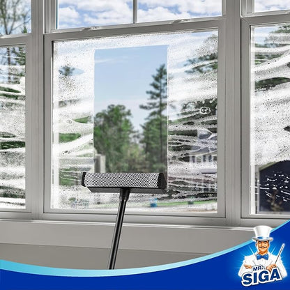 MR.SIGA Professional 2-in-1 Car Window Squeegee and Sponge Scrubber for Cleaning and Washing, Rubber Blade Cleaner With Handle, Black