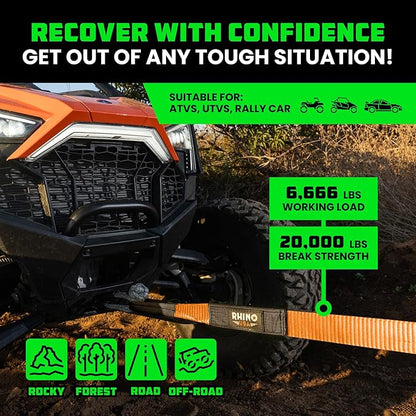 Rhino USA Recovery Tow Strap (2"x20')-20,024lb Break Strength- Emergency Recovery Strap Tow Rope for UTV, ATV & More-Heavy Duty Towing Strap for Offroad 4x4 Use-Compatible with RZR and Can-Am (Orange)