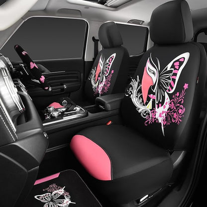 CAR PASS Pink Leather & Gaberdine Butterfly Car Seat Covers Full Set with Waterproof Car Floor Mats and Embroidered Butterflies Steering Wheel Cover for Interior Sets ((Black & Pink)