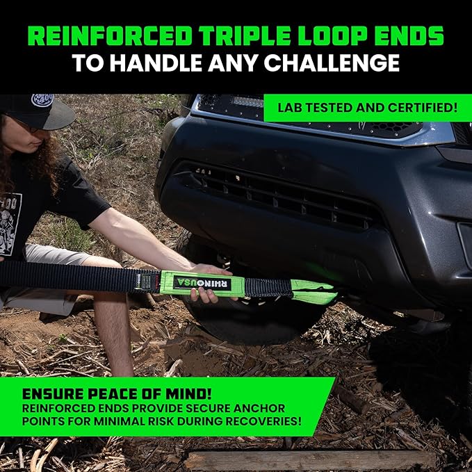 Rhino USA Recovery Tow Strap (3" x 30') - 31,518lb Break Strength - Emergency Recovery Strap Tow Rope for Truck, UTV, ATV & More - Heavy Duty Towing Strap for Offroad 4x4 Use - Compatible with Jeep
