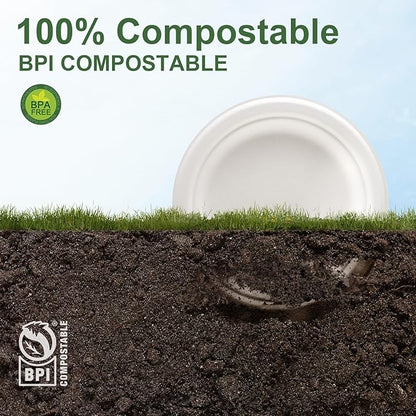 WELLIFE 100% Compostable Paper Plates 7 Inch, 125-Pack Dessert Paper Plates Bulk, Biodegradable Bagasse,Eco-Friendly Disposable Plate Small for BBQ,Picnic,Party (BPI Certified,Microwaveable)