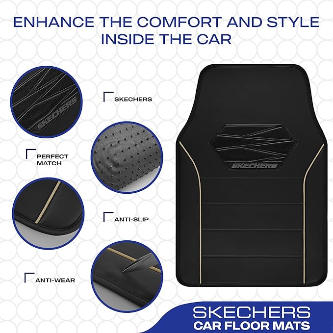 Skechers Memory Foam Car Mats, Leather Piping with Anti-Slip Pad, Universal Waterproof Fit Automotive Floor Mats for SUV, Vans, Sedans, Trucks, Full Set 4pcs Beige