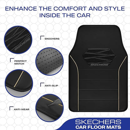 Skechers Memory Foam Car Mats, Leather Piping with Anti-Slip Pad, Universal Waterproof Fit Automotive Floor Mats for SUV, Vans, Sedans, Trucks, Full Set 4pcs Beige