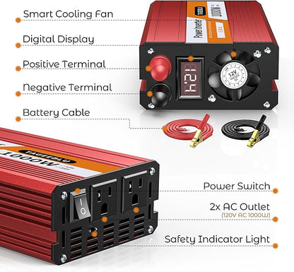 1000W Power Inverter, DC 12V to 110V AC Car Inverter with LCD Screen Display, 2 AC Outlets, Equipped with 2 Clips for Truck, Home, Vehicles, Laptop, Trip
