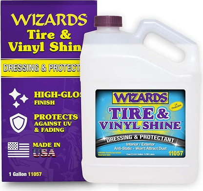 Wizards - Vinyl & Tire Shine Spray, Tire Dressing and Protectant, Professional Detail Spray, No Sling Off, Anti-static Car Detailing Spray, KeepingTires & Vinyls Look New, Car Care Products, 1 Gallon