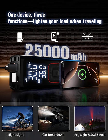 Tire Inflator Portable Air Compressor, 3X Faster 25000mAh 160 PSI Air Pump for Car Tires- Cordless, with Pressure Gauge, LED Light & Digital Display, for Car, Pickup, Truck, Motor, E-Bike and More