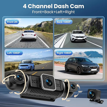 Dash Cam 4 Channel 360° Coverage - Front 4K + Triple 1080P HD Car Camera Built-in WiFi Car Camera with App, G-Sensor/Night Vision/Parking Mode/Loop Recording Free 64GB SD Card