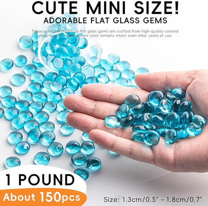 1 LB Glass Marbles, Sea Blue Mini Flat Glass Beads~150 PCS for Vase Fillers, Floral Bottom Mancala Gems Pebbles Fish Tank Rocks for Table Aquarium,Home Decor Art Craft Supplies(0.5"~0.7")