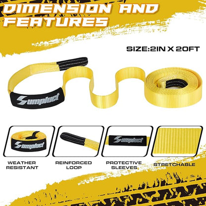 Recovery Tow Strap 2in X 20ft Exceed Heavy Duty 25,000 lbs Break Strength, Use for Emergency Towing Rope, Tree Saver, Winch Extension, Triple Reinforced Loops,Car Accessories