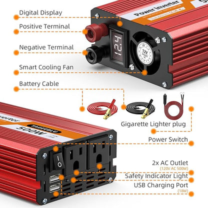 500W Power Inverter DC 12V to 110V/120V AC Car Inverter with 2 x 3.0A USB Ports and Dual AC Outlet, Equipped with 1 Cigarette Lighter and 2 Battery Clamps for Road Trip and Camping