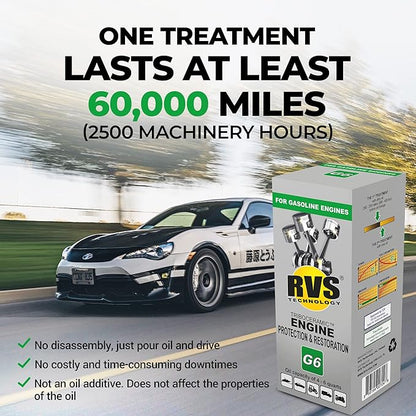 G6 Engine oil Treatment; For Gasoline Engines with a Motor oil capacity up to 6 quarts; Save fuel, Boost Power and Safely Restore and protect your Car, Truck, and all other engines